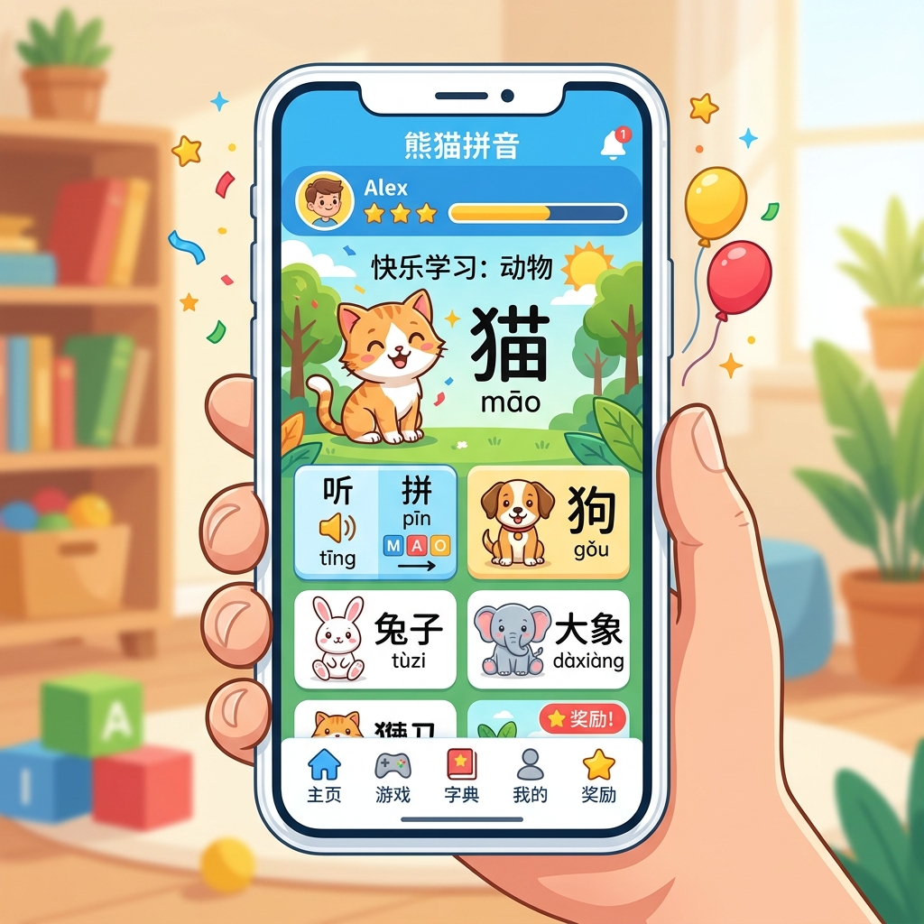 Learn Korean Kids App interface showcasing animal flashcards like Cat (고양이 goyangi), Dog (개 gae), Rabbit (토끼 tokki), and Elephant (코끼리 kokkiri)